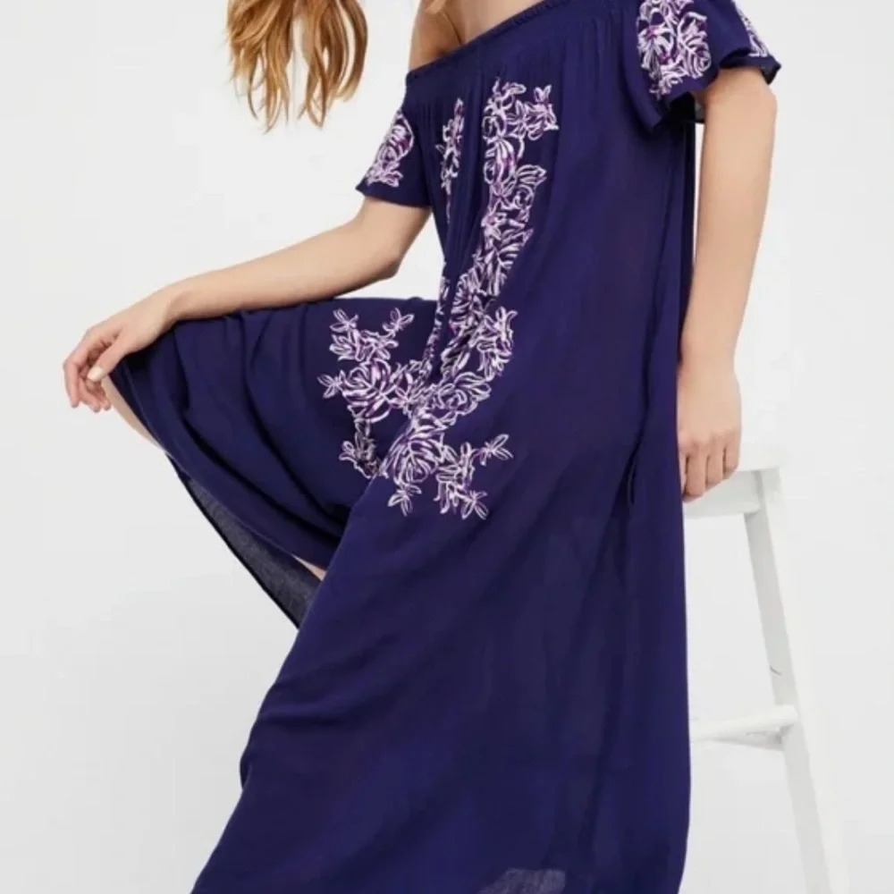 NWT Free People Wide Leg Embroidered Navy Jumpsuit